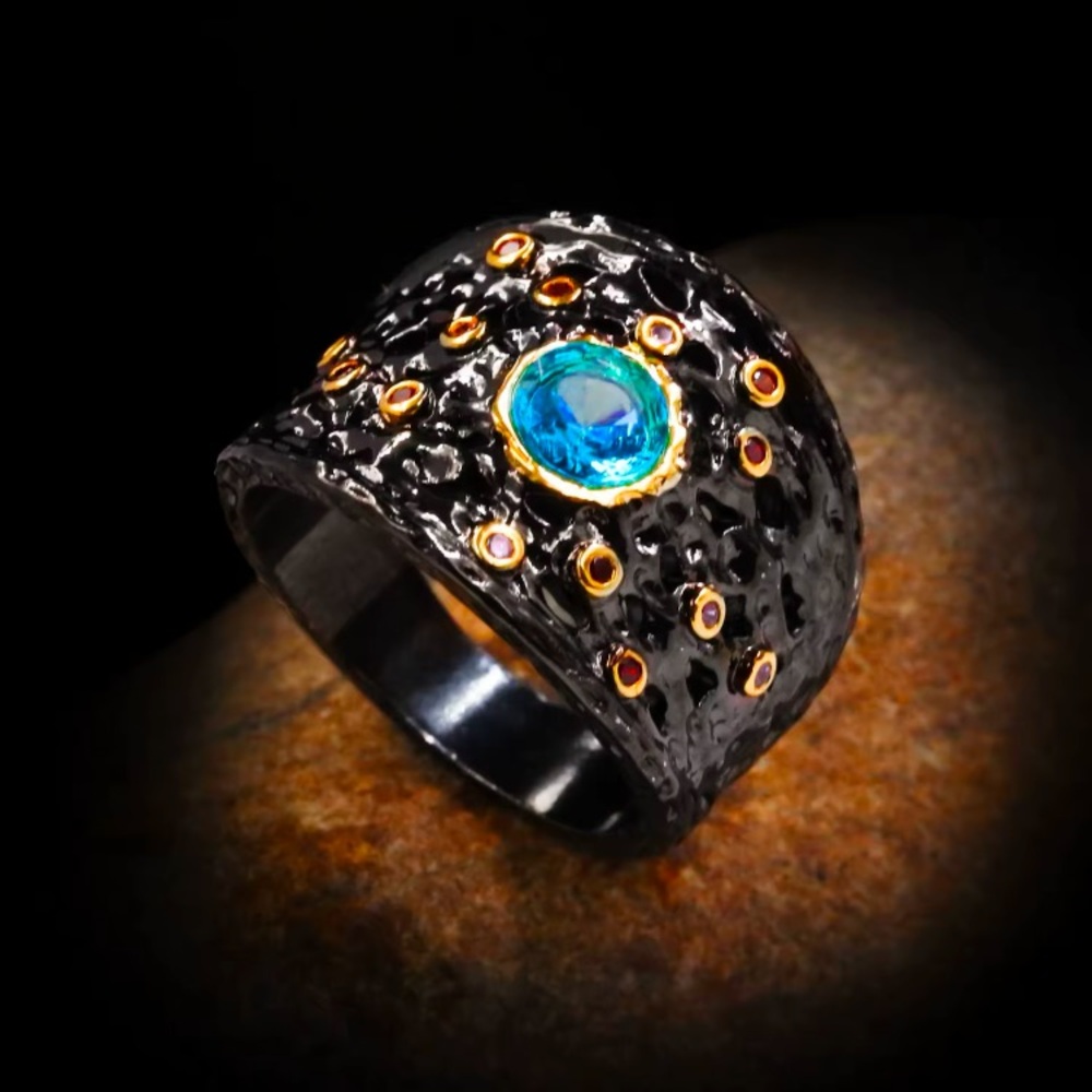 Gothic Inspired Black Gold Band Ring Blue Red Purple Rhinestones Size 8